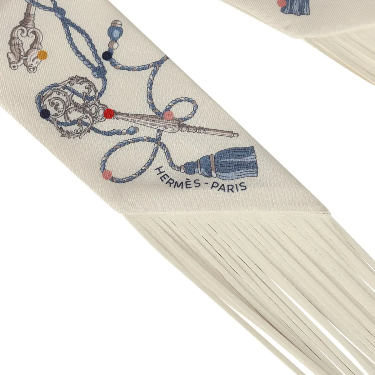 HERMÈS Hermes "Les Cles a Pois" Creme, Gris Perle, Multicolor Fringe Silk Twilly | Thumbnail 3 HERMÈS Hermes "Les Cles a Pois" Creme, Gris Perle, Multicolor Fringe Silk Twilly | Thumbnail 3