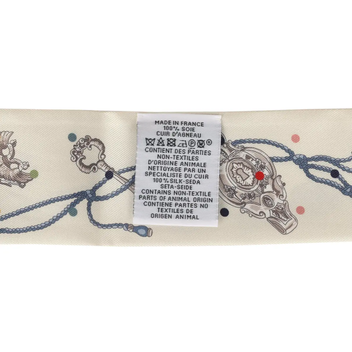 HERMÈS Hermes "Les Cles a Pois" Creme, Gris Perle, Multicolor Fringe Silk Twilly | Thumbnail 4 HERMÈS Hermes "Les Cles a Pois" Creme, Gris Perle, Multicolor Fringe Silk Twilly | Thumbnail 4