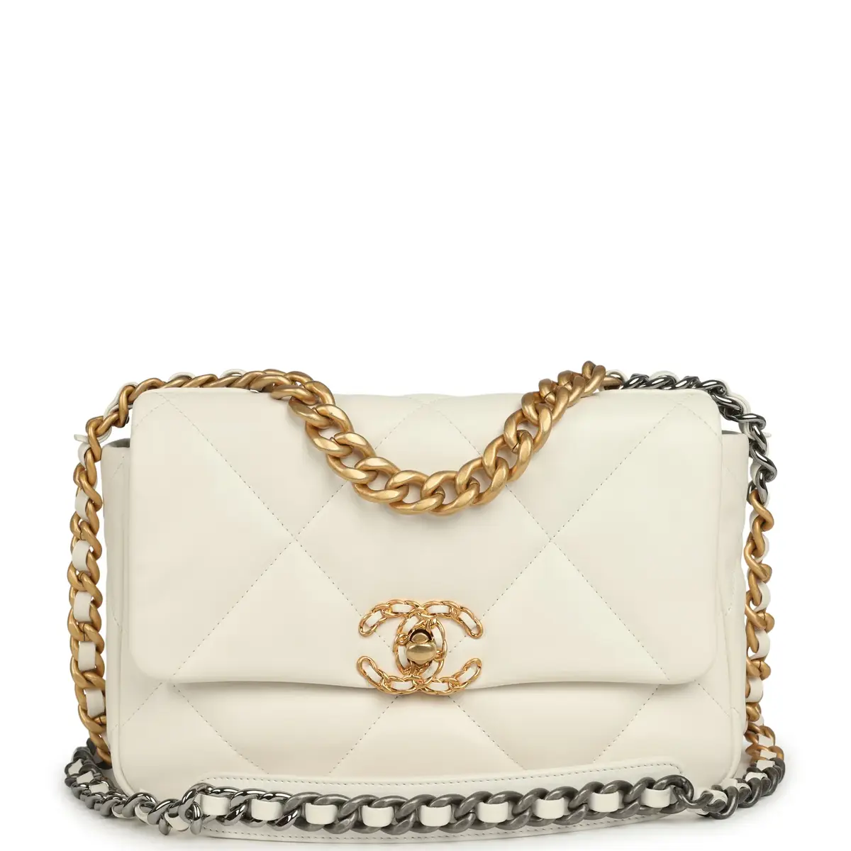 Chanel Pre-owned Chanel Medium 19 Flap Bag White Lambskin Mixed Metal Hardware | Image 1 Chanel Pre-owned Chanel Medium 19 Flap Bag White Lambskin Mixed Metal Hardware | Image 1