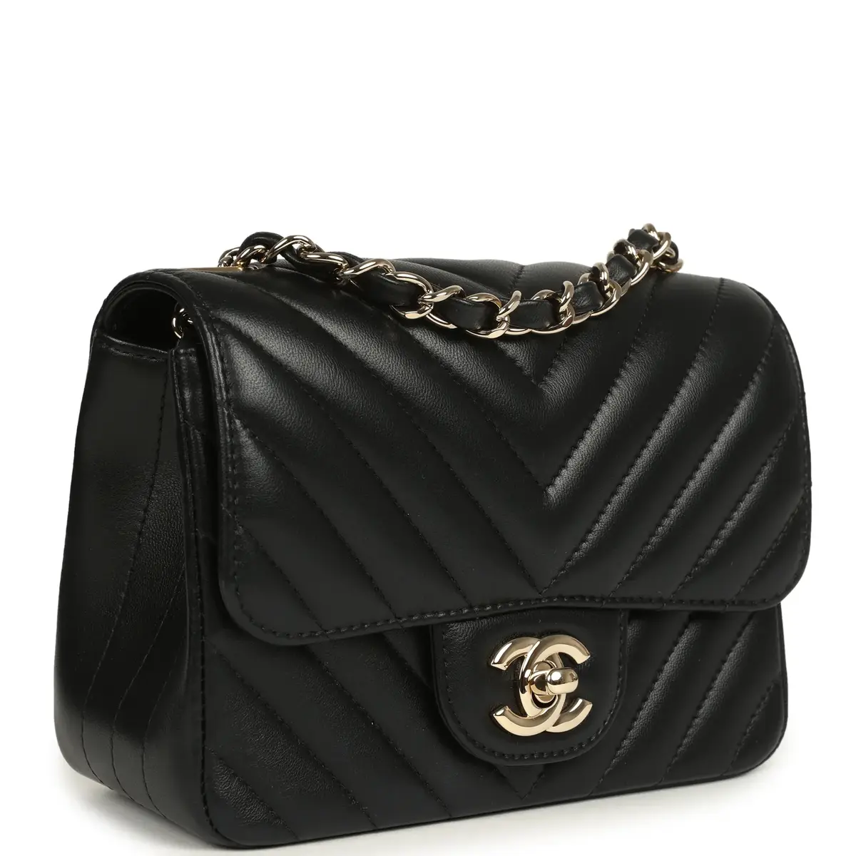 Chanel Pre-owned Chanel Mini Chevron Square Flap Bag Black Lambskin Light Gold Hardware | Thumbnail 2 Chanel Pre-owned Chanel Mini Chevron Square Flap Bag Black Lambskin Light Gold Hardware | Thumbnail 2