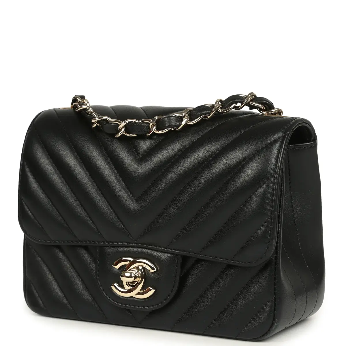 Chanel Pre-owned Chanel Mini Chevron Square Flap Bag Black Lambskin Light Gold Hardware | Thumbnail 3 Chanel Pre-owned Chanel Mini Chevron Square Flap Bag Black Lambskin Light Gold Hardware | Thumbnail 3