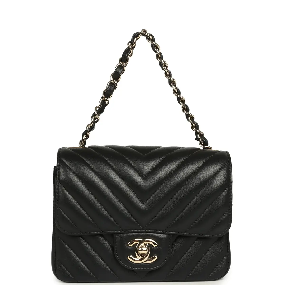 Chanel Pre-owned Chanel Mini Chevron Square Flap Bag Black Lambskin Light Gold Hardware | Thumbnail 7 Chanel Pre-owned Chanel Mini Chevron Square Flap Bag Black Lambskin Light Gold Hardware | Thumbnail 7