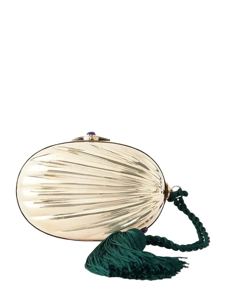 Juju Vera Petra Gemstone-embellished Tasseled Cord Silver Clutch | Image 1 Juju Vera Petra Gemstone-embellished Tasseled Cord Silver Clutch | Image 1