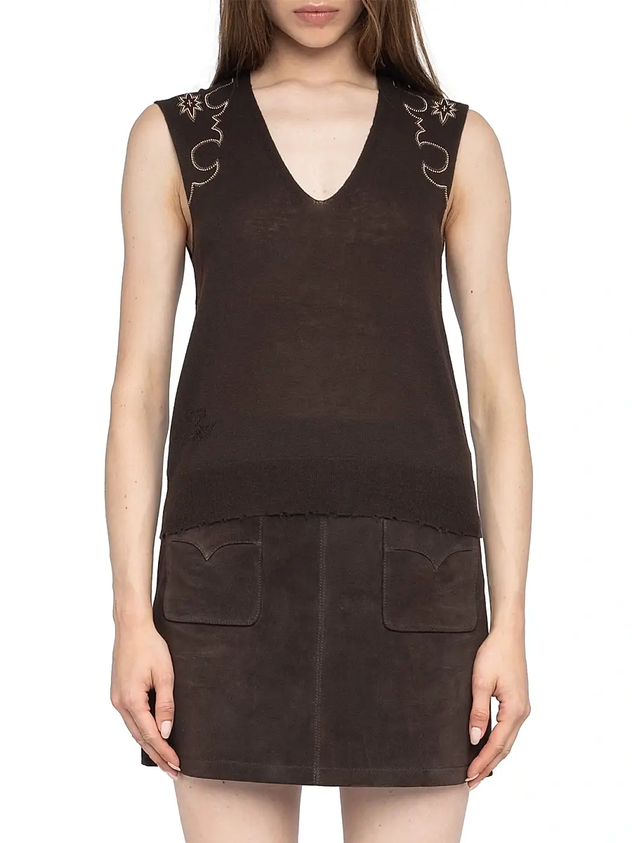Zadig & Voltaire Women's Vicky Embellished Cashmere Top - Dark Chocolate | Thumbnail 3