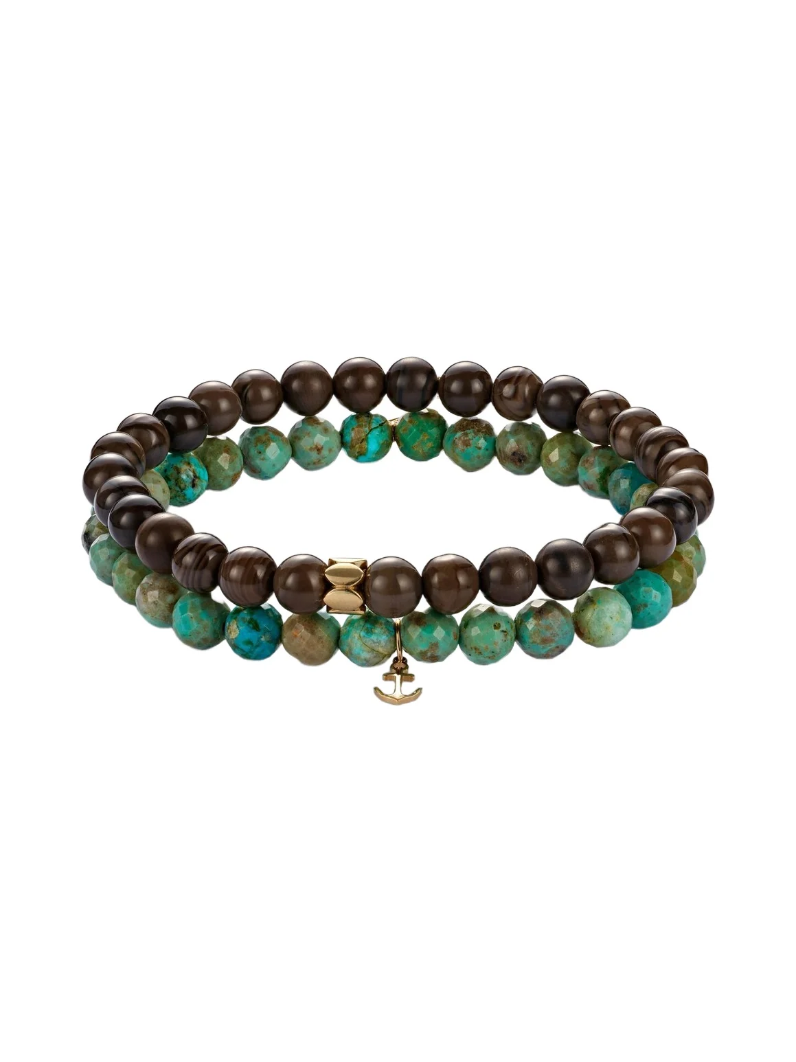 Set of 2 14kt gold beaded bracelets with turquoise and jaspers