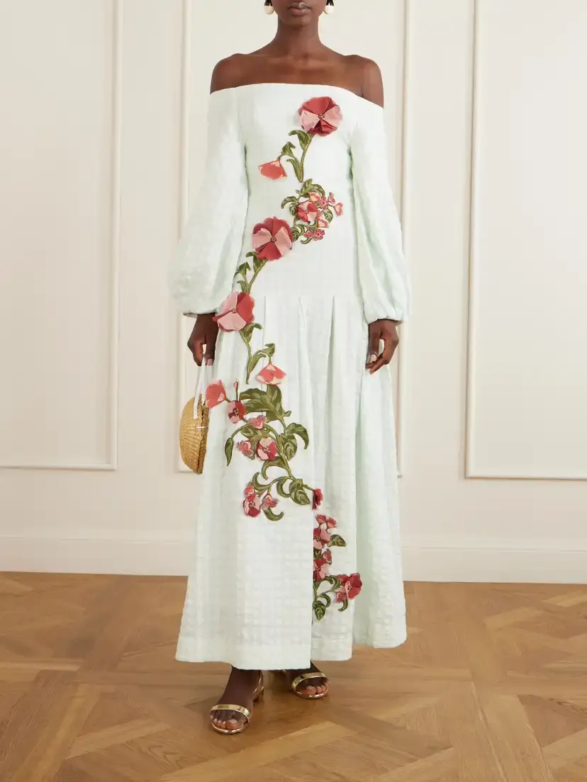 Agua by Agua Bendita Senlis Off-the-shoulder Floral-appliqué Checked Linen Maxi Dress | Thumbnail 2 Agua by Agua Bendita Senlis Off-the-shoulder Floral-appliqué Checked Linen Maxi Dress | Thumbnail 2