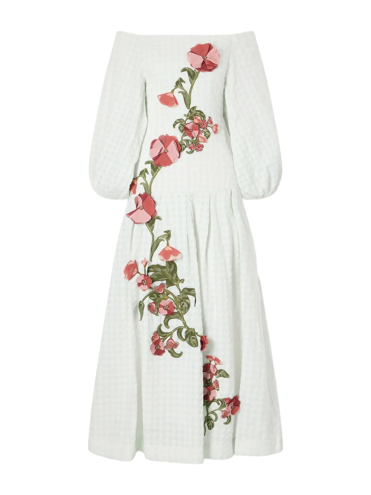 Senlis Off-the-shoulder Floral-appliqué Checked Linen Maxi Dress Senlis Off-the-shoulder Floral-appliqué Checked Linen Maxi Dress