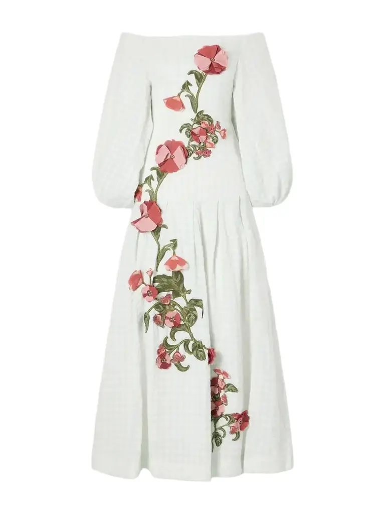 Agua by Agua Bendita Senlis Off-the-shoulder Floral-appliqué Checked Linen Maxi Dress | Image 1 Agua by Agua Bendita Senlis Off-the-shoulder Floral-appliqué Checked Linen Maxi Dress | Image 1