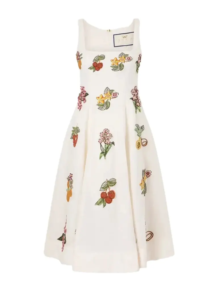 Agua by Agua Bendita Frontera Embellished Floral-appliqué Linen Midi Dress | Image 1 Agua by Agua Bendita Frontera Embellished Floral-appliqué Linen Midi Dress | Image 1