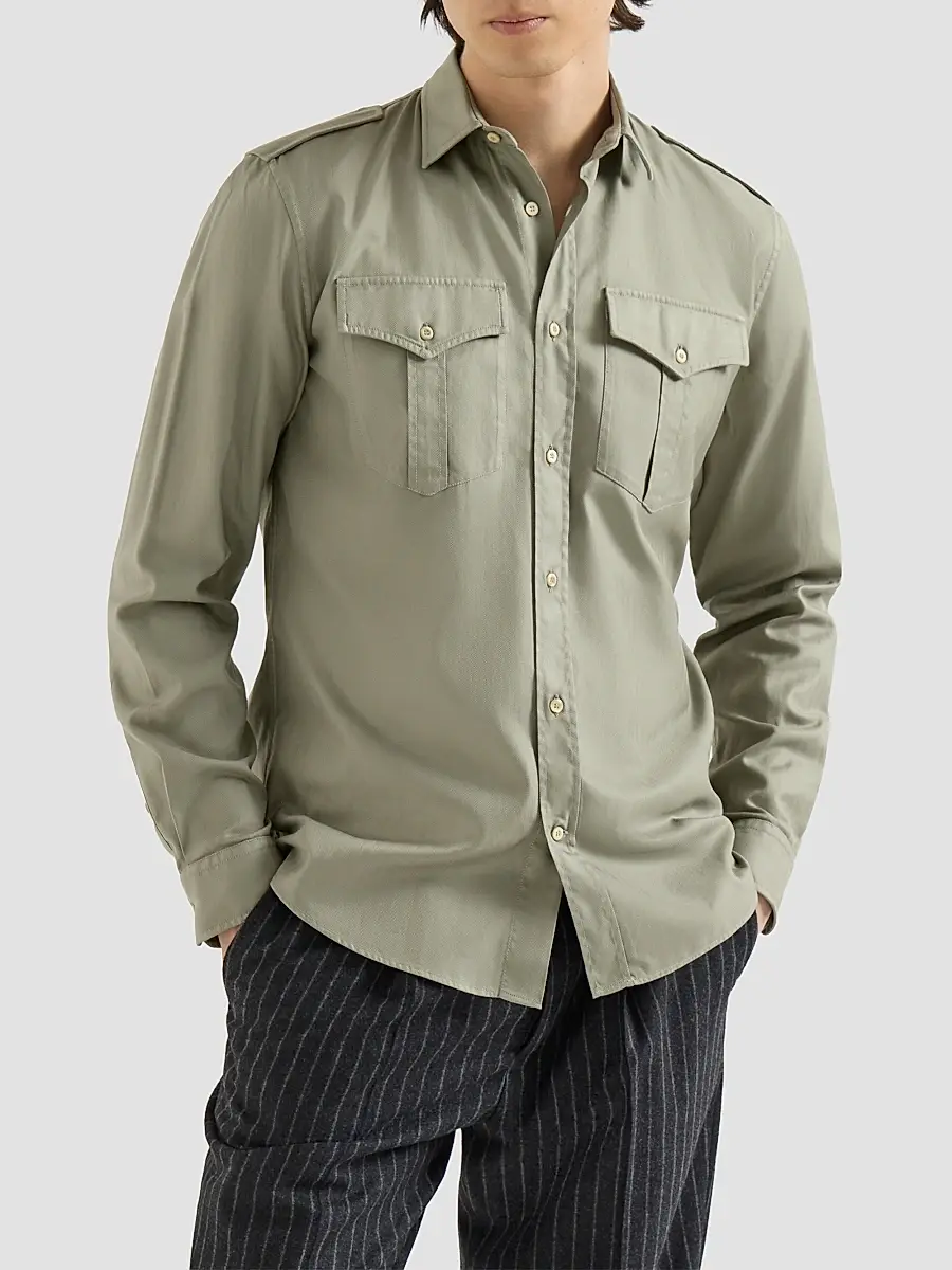 Brunello Cucinelli Men's Garment-Dyed Shirt in Cotton Chevron with Spread Collar - Military | Thumbnail 2 Brunello Cucinelli Men's Garment-Dyed Shirt in Cotton Chevron with Spread Collar - Military | Thumbnail 2
