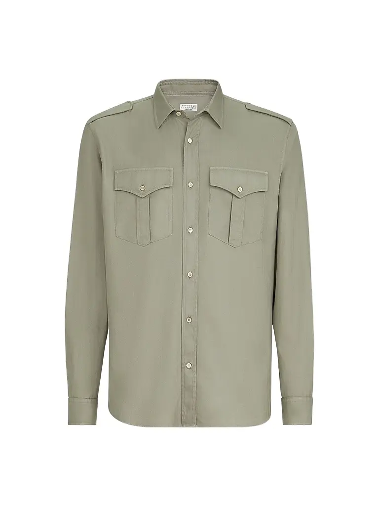 Brunello Cucinelli Men's Garment-Dyed Shirt in Cotton Chevron with Spread Collar - Military | Image 1 Brunello Cucinelli Men's Garment-Dyed Shirt in Cotton Chevron with Spread Collar - Military | Image 1