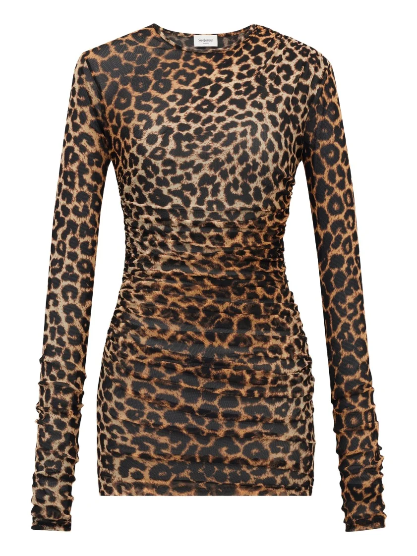 ruched mini dress in leopard tulle jersey ruched mini dress in leopard tulle jersey
