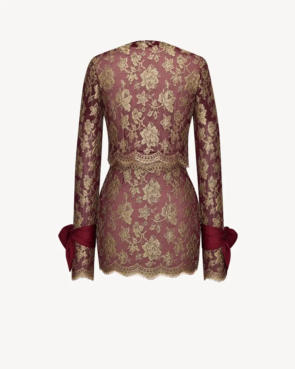Yves Saint Laurent lavallière-cuff mini dress in metallic lace | Thumbnail 3 Yves Saint Laurent lavallière-cuff mini dress in metallic lace | Thumbnail 3