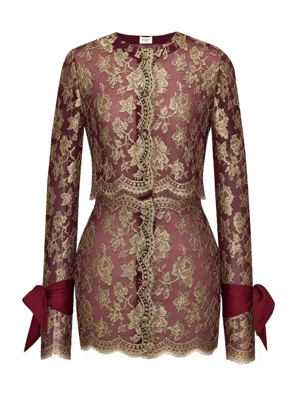 lavallière-cuff mini dress in metallic lace