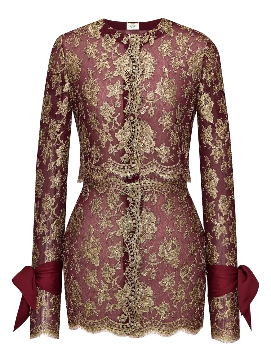 Yves Saint Laurent lavallière-cuff mini dress in metallic lace
