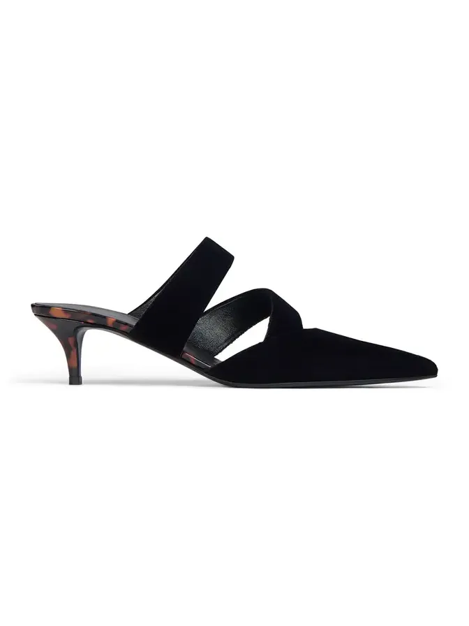 Velvet and printed patent leather mules