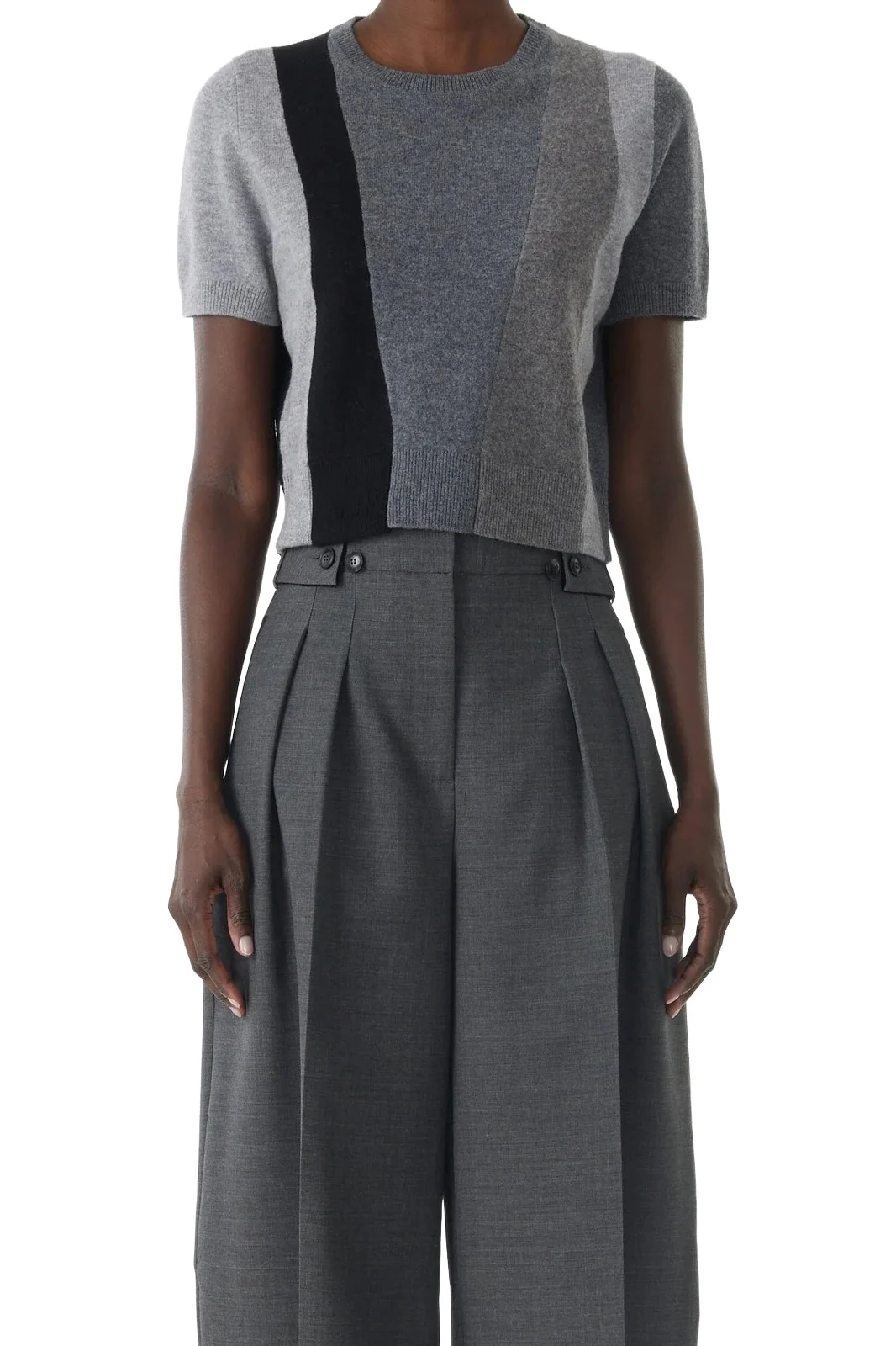 Jason Wu Collection ASYMMETRICAL PANELLED SHORT SLEEVE WOOL SWEATER