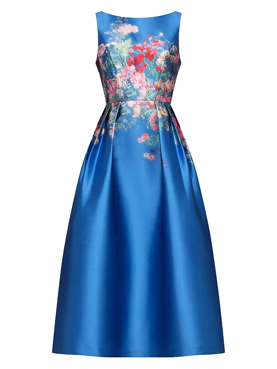 Kay Unger Women's Dina Floral Tea-Length Dress - Oxford Blue | Image 1 Kay Unger Women's Dina Floral Tea-Length Dress - Oxford Blue | Image 1