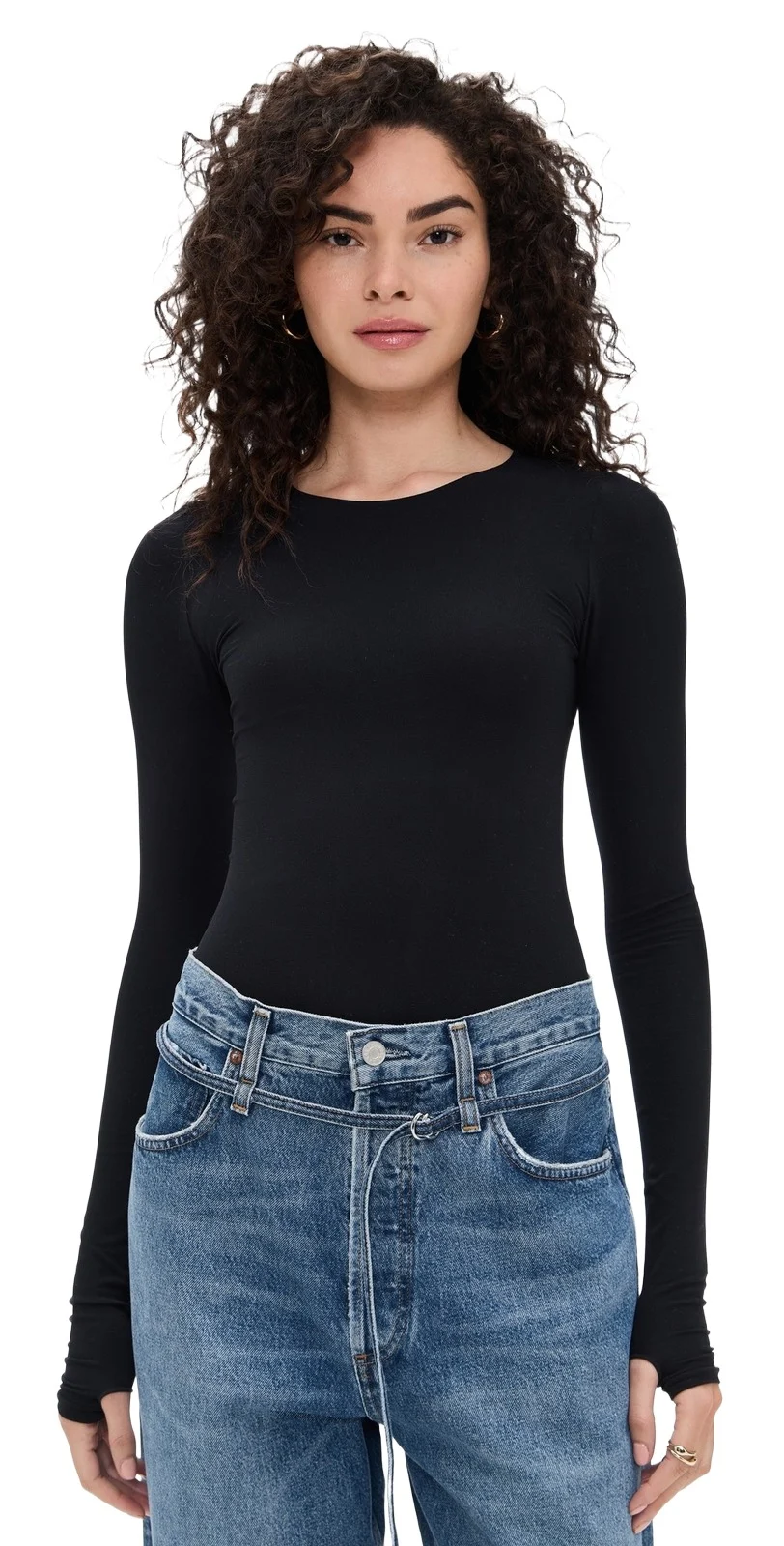 Commando Ballet Crewneck Thong Bodysuit with Thumbholes Black