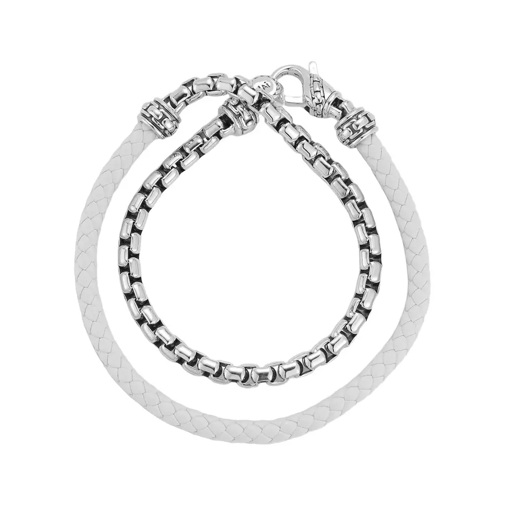 JAI JAI Sterling Silver & White Leather Double Wrap Men's Bracelet JJH1046MB-WH - S by The Solist | Image 1 JAI JAI Sterling Silver & White Leather Double Wrap Men's Bracelet JJH1046MB-WH - S by The Solist | Image 1