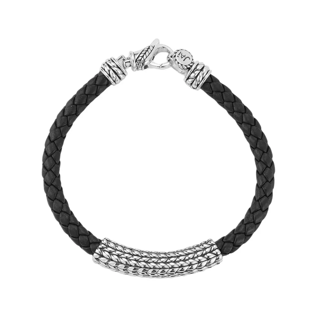 JAI JAI Sterling Silver Black Leather Textured Station Men's Bracelet JJH3045MB-BK - L by The Solist
