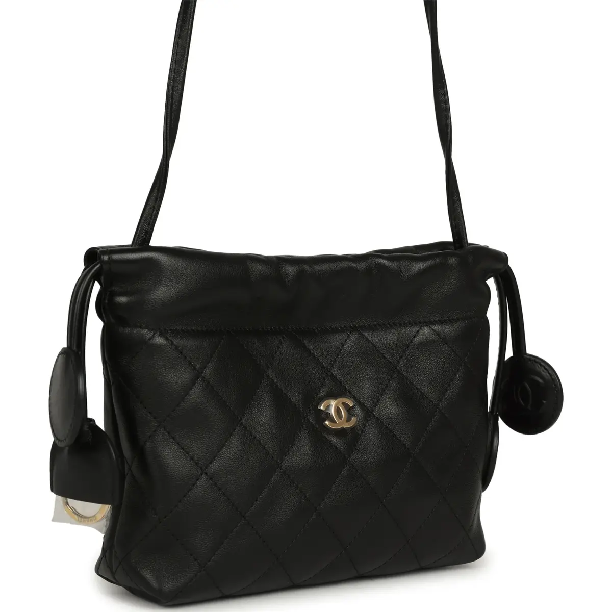 Chanel Chanel CC Drawstring Clutch with Leather Strap Black Lambskin Gold Hardware | Thumbnail 2 Chanel Chanel CC Drawstring Clutch with Leather Strap Black Lambskin Gold Hardware | Thumbnail 2