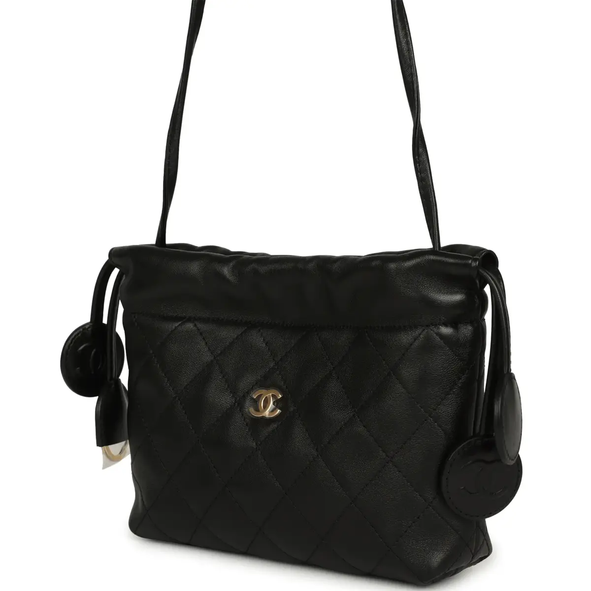 Chanel Chanel CC Drawstring Clutch with Leather Strap Black Lambskin Gold Hardware | Thumbnail 6 Chanel Chanel CC Drawstring Clutch with Leather Strap Black Lambskin Gold Hardware | Thumbnail 6