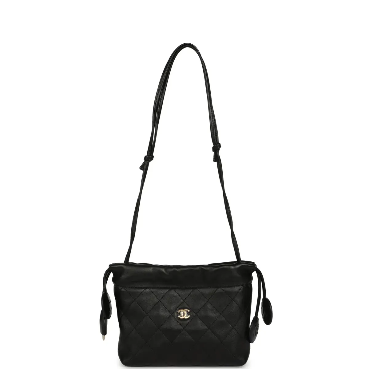 Chanel Chanel CC Drawstring Clutch with Leather Strap Black Lambskin Gold Hardware | Thumbnail 8 Chanel Chanel CC Drawstring Clutch with Leather Strap Black Lambskin Gold Hardware | Thumbnail 8