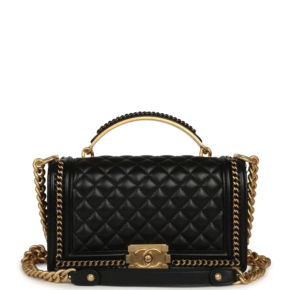 Chanel Chanel Medium Top Handle Braided Boy Bag Black Shiny Lambskin Antique Gold Hardware | Image 1 Chanel Chanel Medium Top Handle Braided Boy Bag Black Shiny Lambskin Antique Gold Hardware | Image 1