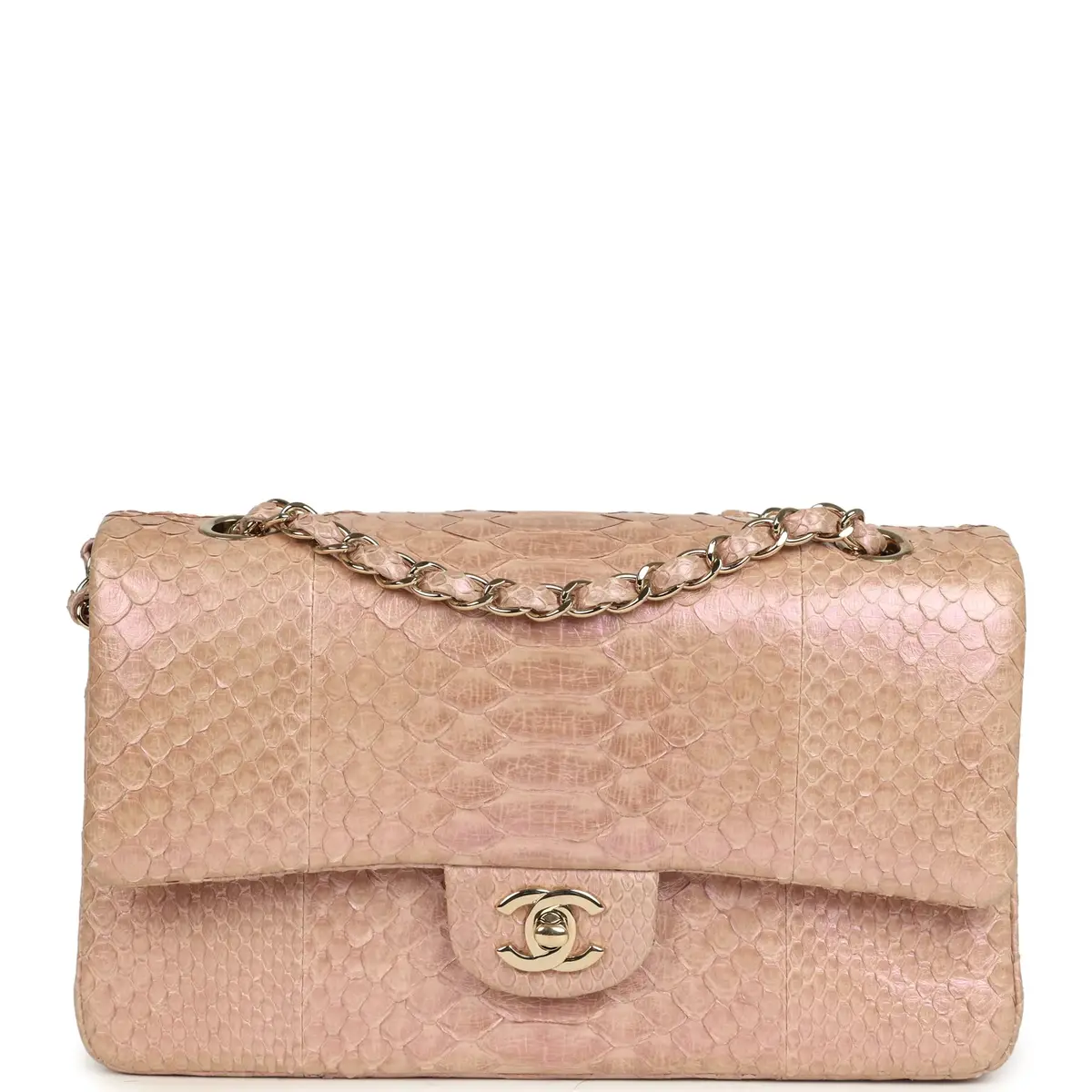 Chanel Pre-owned Chanel Medium Classic Double Flap Bag Iridescent Pink Python Light Gold Hardware | Image 1 Chanel Pre-owned Chanel Medium Classic Double Flap Bag Iridescent Pink Python Light Gold Hardware | Image 1