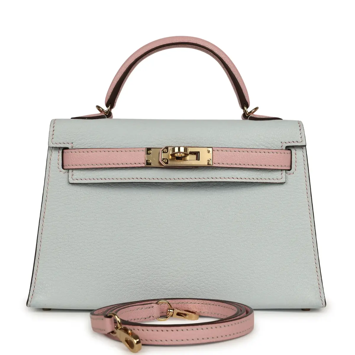 HERMÈS Pre-owned Hermes Special Order (HSS) Kelly Sellier 20 Bleu Brume, Rose Sakura Chevre Permabrass Hardware | Image 1 HERMÈS Pre-owned Hermes Special Order (HSS) Kelly Sellier 20 Bleu Brume, Rose Sakura Chevre Permabrass Hardware | Image 1