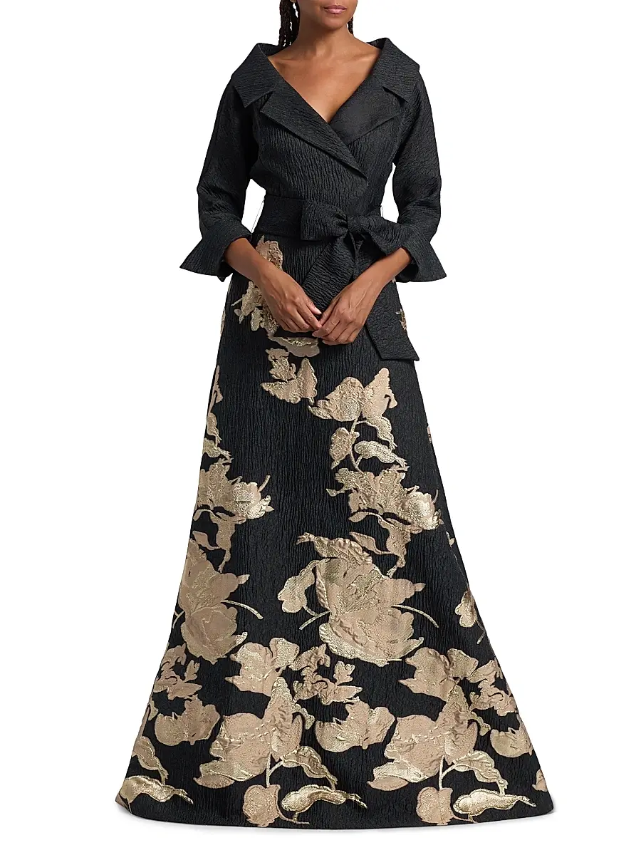 Teri Jon by Rickie Freeman Women's Textured Metallic Floral Jacquard Gown | Thumbnail 2