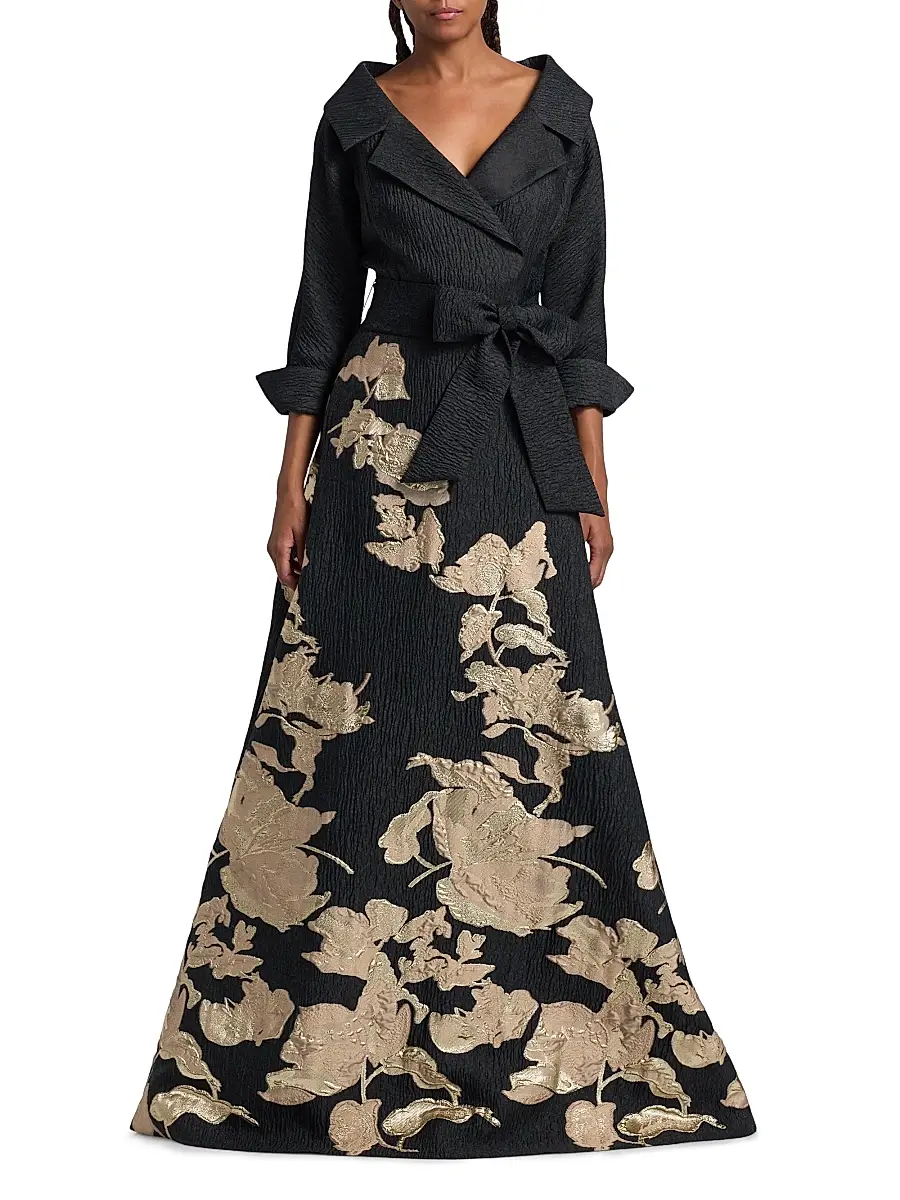 Teri Jon by Rickie Freeman Women's Textured Metallic Floral Jacquard Gown | Thumbnail 3