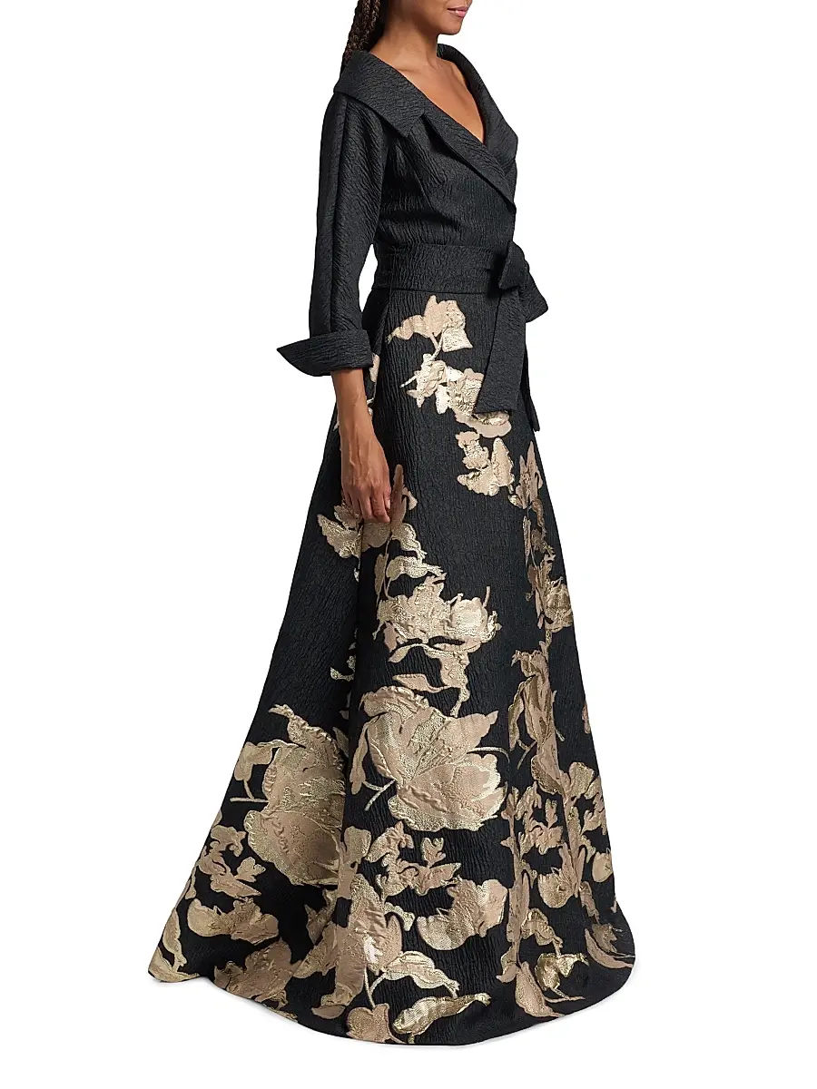 Teri Jon by Rickie Freeman Women's Textured Metallic Floral Jacquard Gown | Thumbnail 4