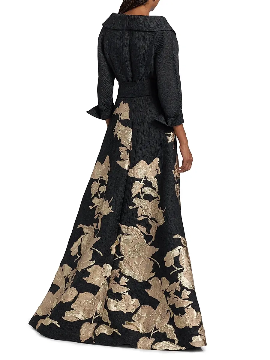 Teri Jon by Rickie Freeman Women's Textured Metallic Floral Jacquard Gown | Thumbnail 5