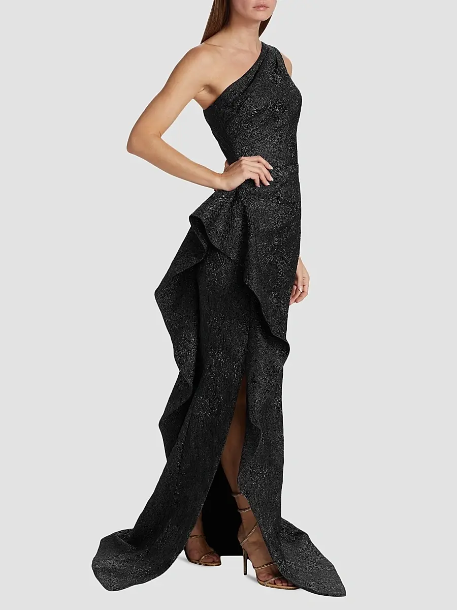 Teri Jon by Rickie Freeman Women's Metallic Jacquard One-Shoulder Gown | Thumbnail 3 Teri Jon by Rickie Freeman Women's Metallic Jacquard One-Shoulder Gown | Thumbnail 3