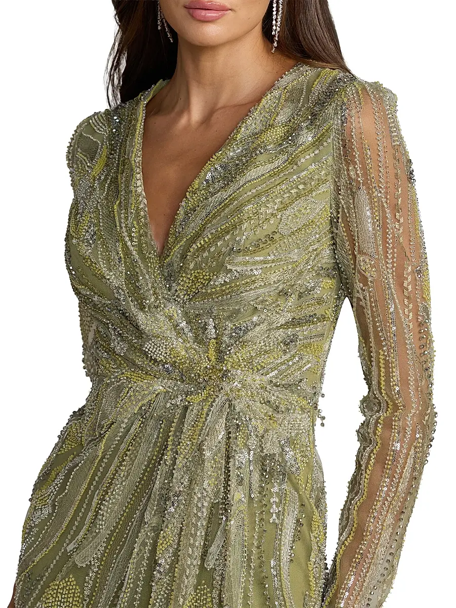 Mac Duggal Women's Embroidered Mesh Long-Sleeve Column Gown | Thumbnail 3