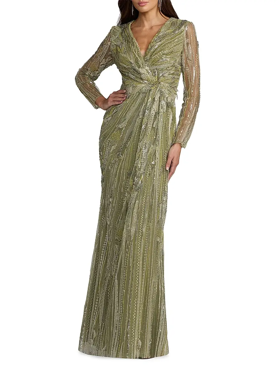 Mac Duggal Women's Embroidered Mesh Long-Sleeve Column Gown | Image 1 Mac Duggal Women's Embroidered Mesh Long-Sleeve Column Gown | Image 1