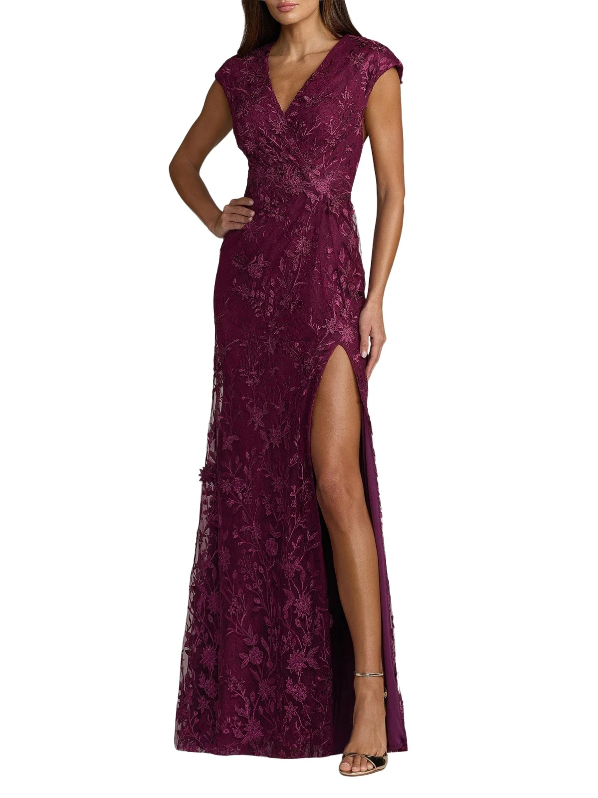 Women's Floral Appliqué Surplice Neck Gown Women's Floral Appliqué Surplice Neck Gown