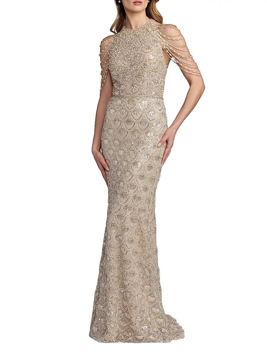 Women's Draped Pearl-Inspired Beaded Column Gown Women's Draped Pearl-Inspired Beaded Column Gown