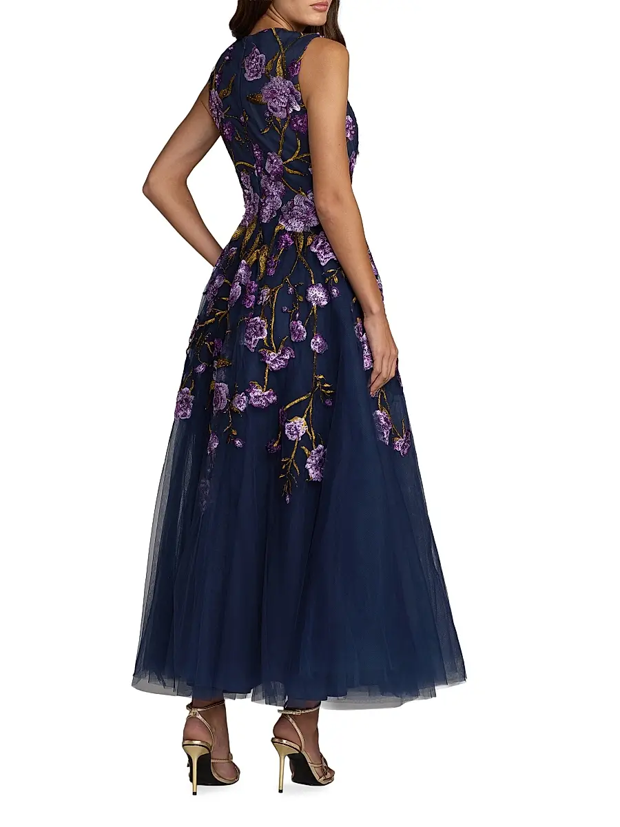 Mac Duggal Women's Floral-Embroidered Tulle Tea-Length Cocktail Dress | Thumbnail 2 Mac Duggal Women's Floral-Embroidered Tulle Tea-Length Cocktail Dress | Thumbnail 2