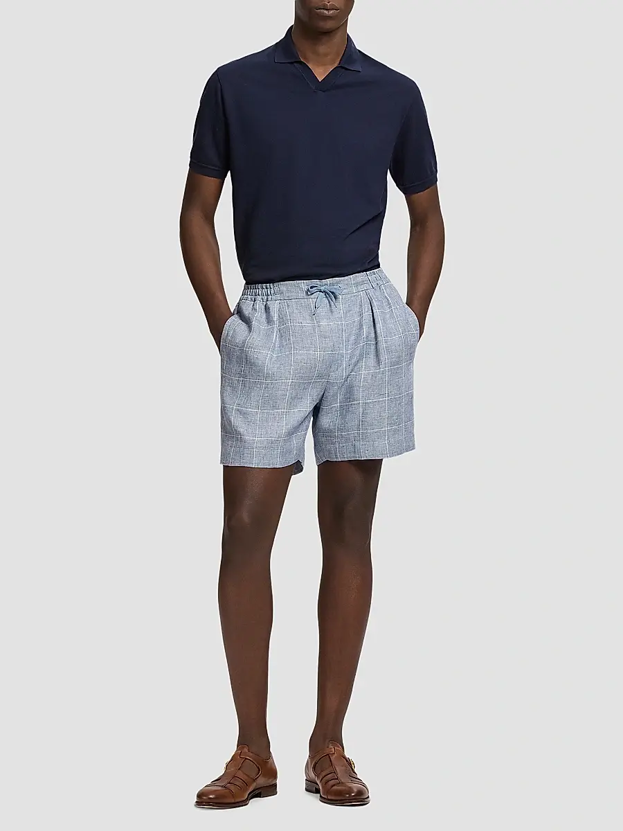 Ralph Lauren Purple Label Men's Glen Windowpane Plaid Flat-Front Linen Shorts | Thumbnail 2 Ralph Lauren Purple Label Men's Glen Windowpane Plaid Flat-Front Linen Shorts | Thumbnail 2