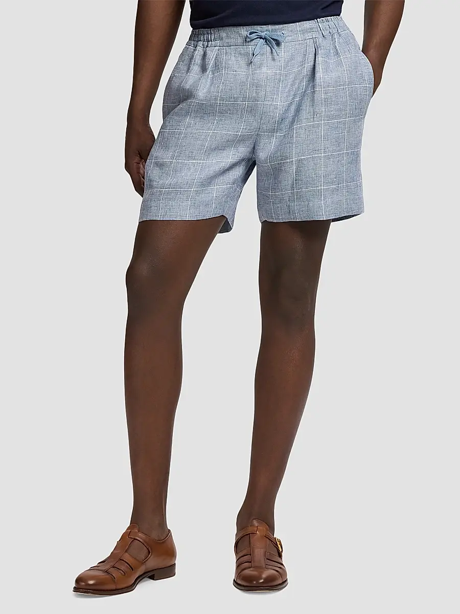 Ralph Lauren Purple Label Men's Glen Windowpane Plaid Flat-Front Linen Shorts | Thumbnail 4 Ralph Lauren Purple Label Men's Glen Windowpane Plaid Flat-Front Linen Shorts | Thumbnail 4