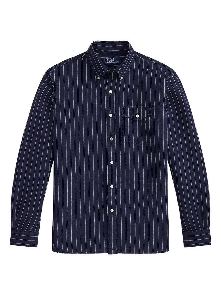 Polo Ralph Lauren Men's Classic-Fit Stripe Linen Pocket Shirt - Navy White | Image 1 Polo Ralph Lauren Men's Classic-Fit Stripe Linen Pocket Shirt - Navy White | Image 1