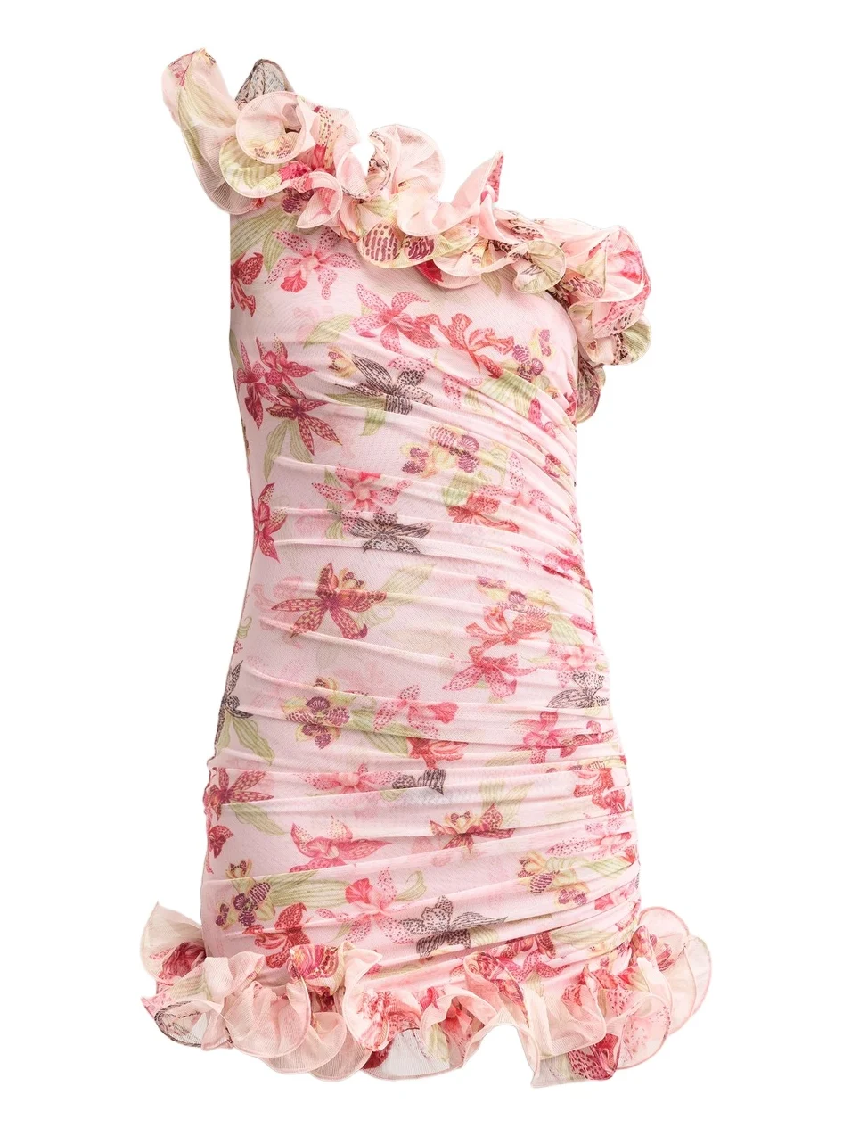 Women's Orchid Bloom One-Shoulder Chiffon Mini Dress Women's Orchid Bloom One-Shoulder Chiffon Mini Dress