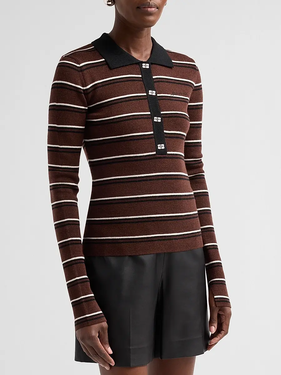 Ganni Women's Stripe Merino Wool Rib Polo Top | Thumbnail 4 Ganni Women's Stripe Merino Wool Rib Polo Top | Thumbnail 4