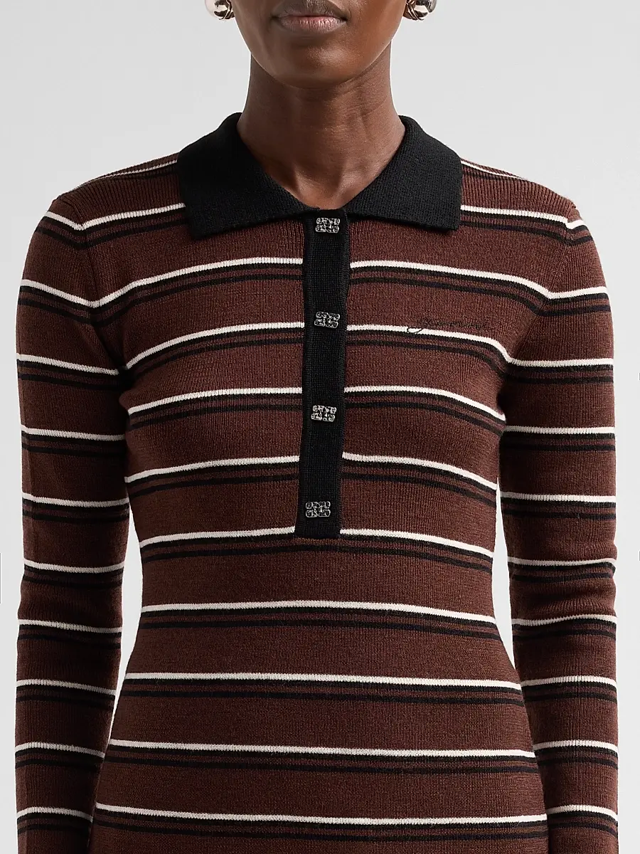 Ganni Women's Stripe Merino Wool Rib Polo Top | Thumbnail 5 Ganni Women's Stripe Merino Wool Rib Polo Top | Thumbnail 5