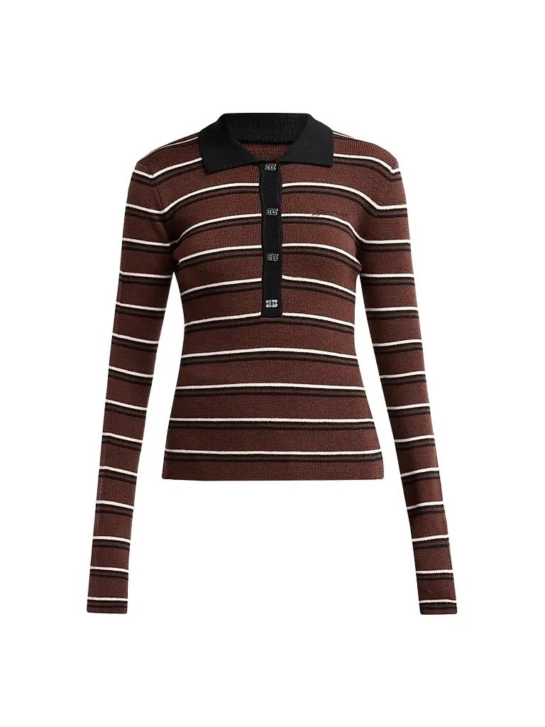 Ganni Women's Stripe Merino Wool Rib Polo Top - Size Large | Image 1 Ganni Women's Stripe Merino Wool Rib Polo Top - Size Large | Image 1