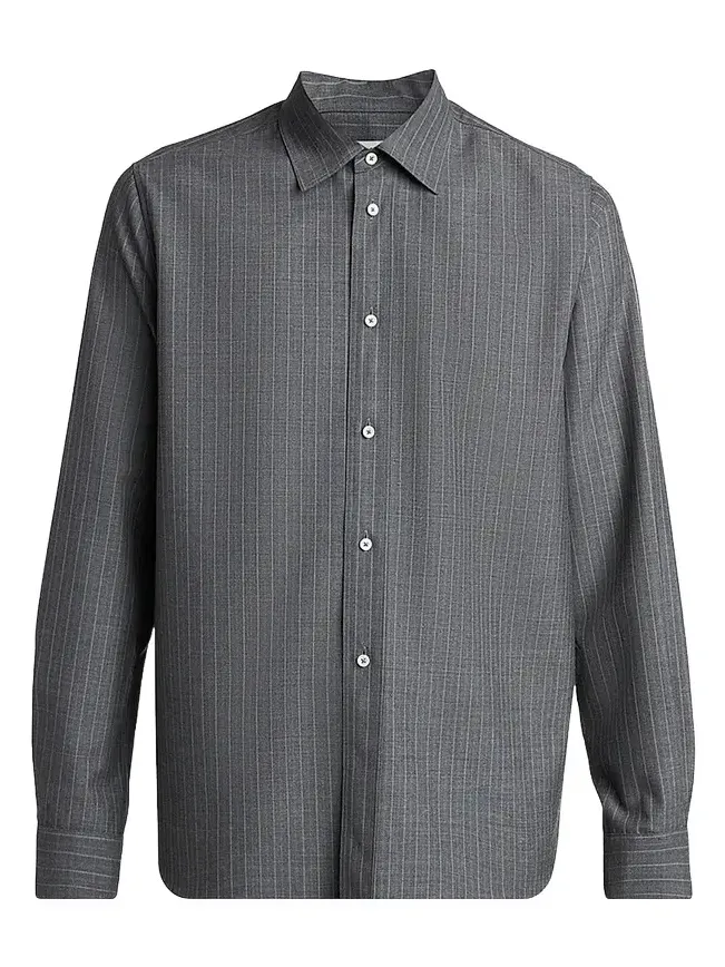 Men's Pinstripe Check Wool Button-Front Shirt Men's Pinstripe Check Wool Button-Front Shirt