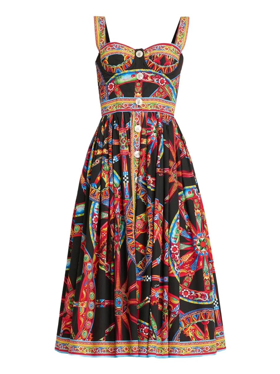 Women's Geometric Cotton Sweetheart Midi-Dress